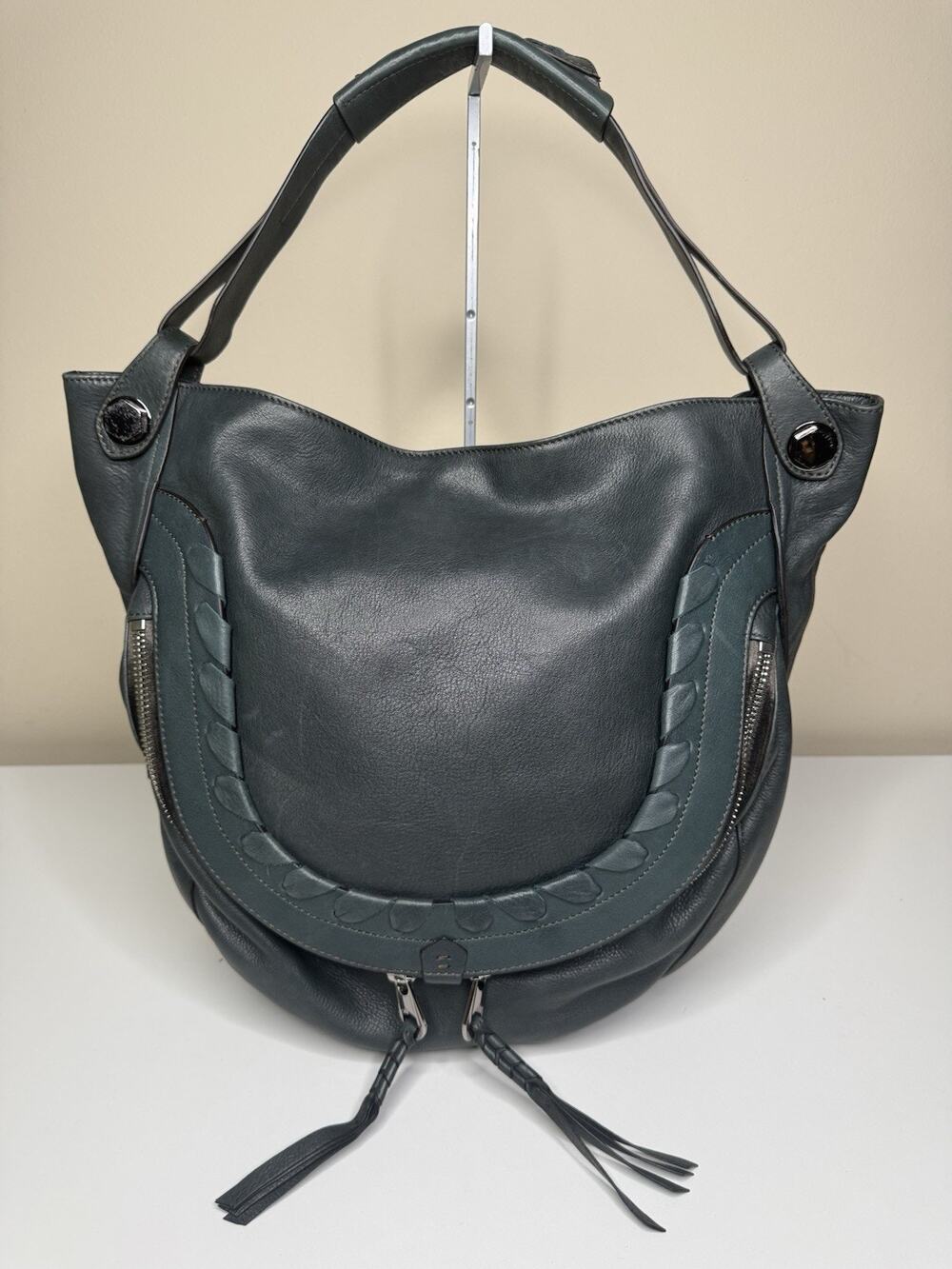 OrYANY Cassie Hobo Shoulder Bag Dark Green Pebbled Leather Whipstitch Zip Pocket